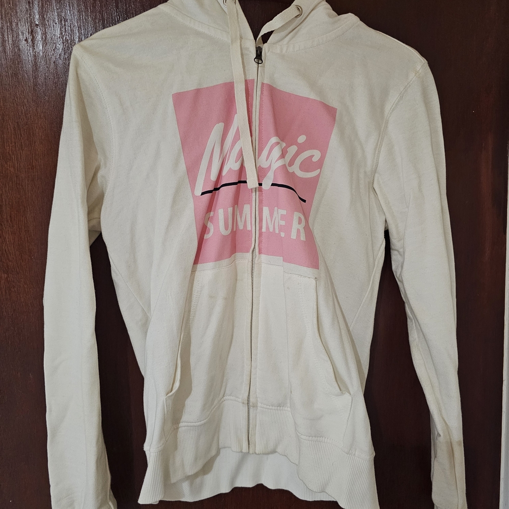 Cream Hoodie with Pink Graphic